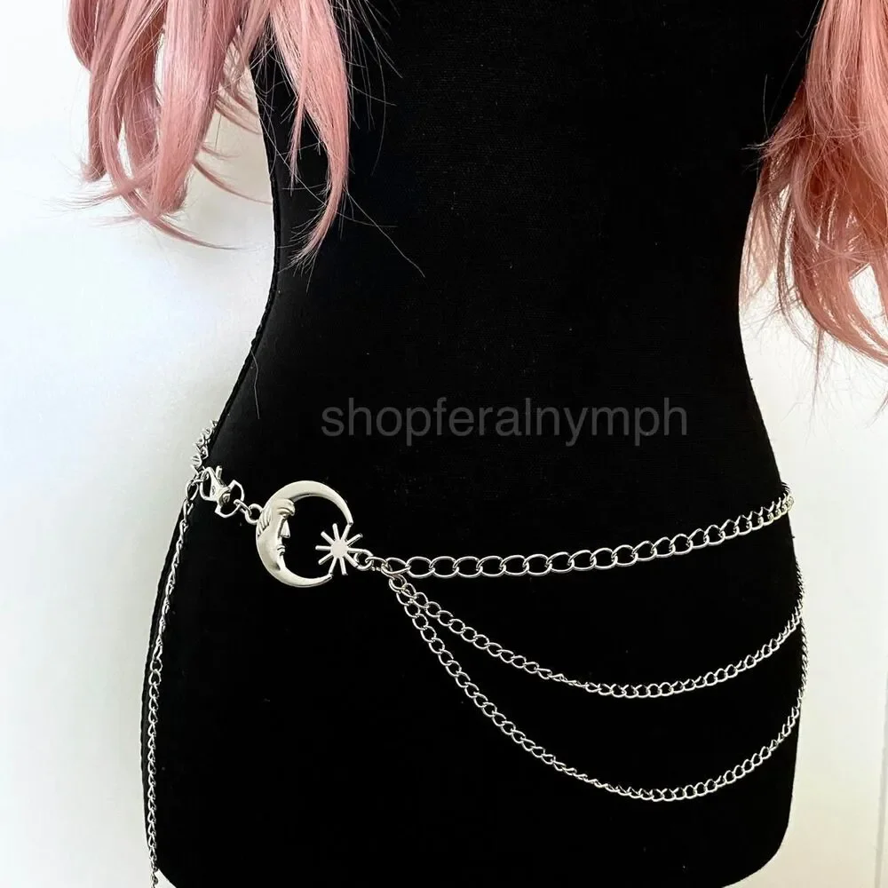 Silver Y2K Celestial Moon Sun Layered Chain Belt, Fits 16-40 Inches, X7GA1274